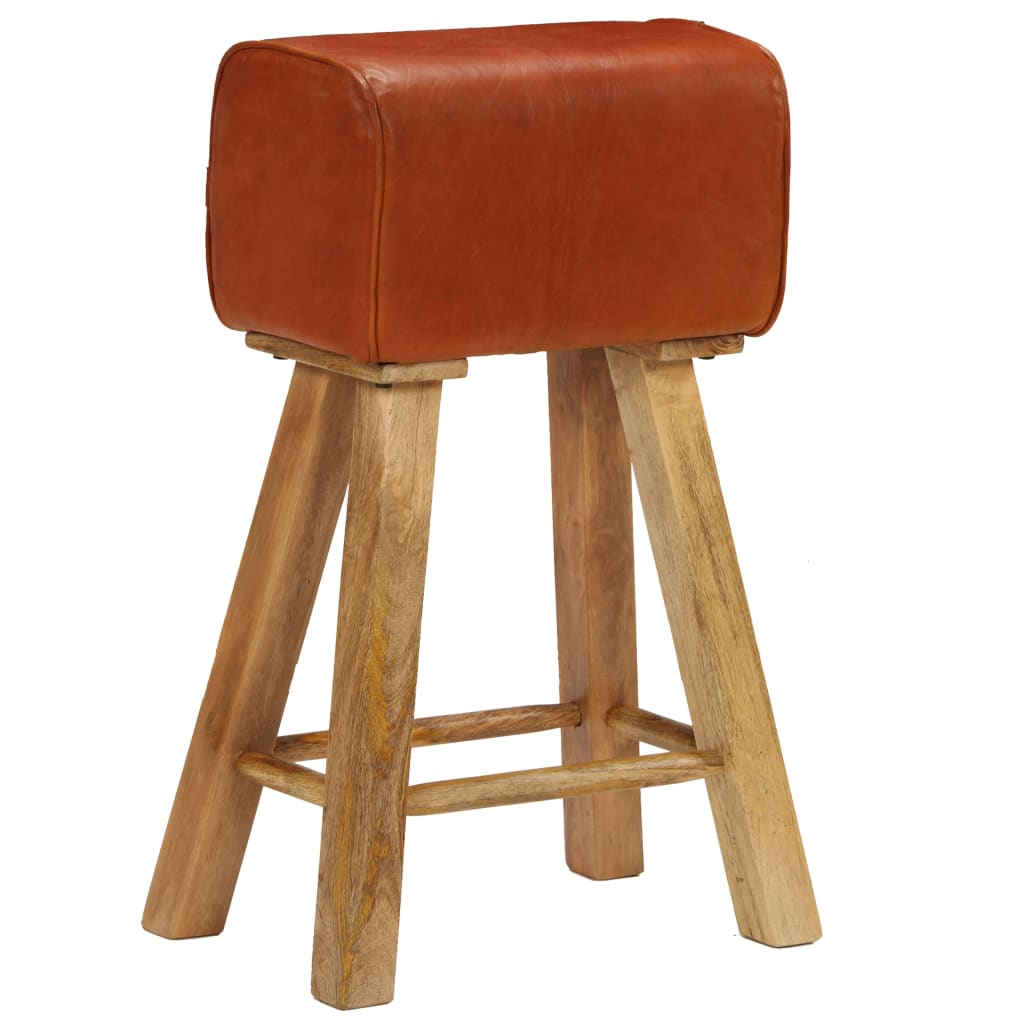 Bar Chair Set Of 2 Natural Wood And Brown Leather