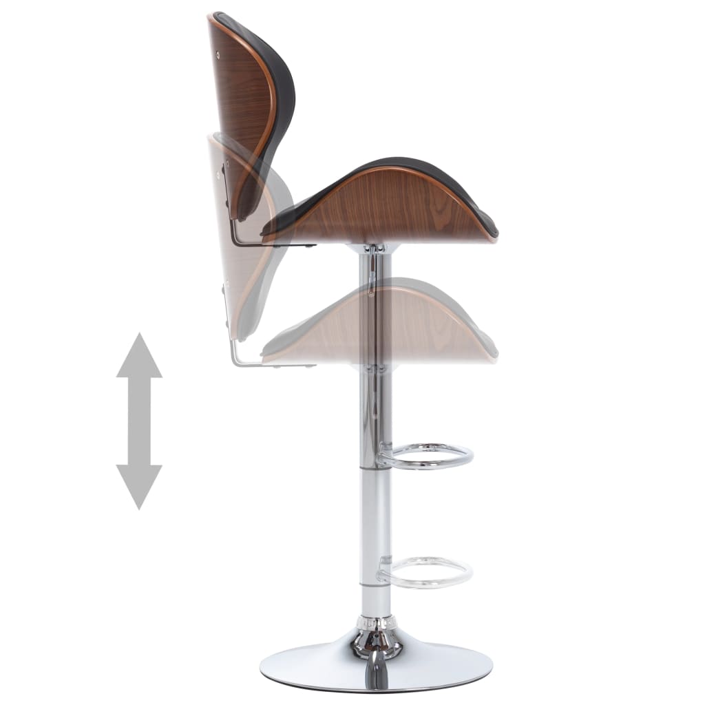 Bar Chair Black Faux Leather, Chrome Metal, Bent Wood Adjustable