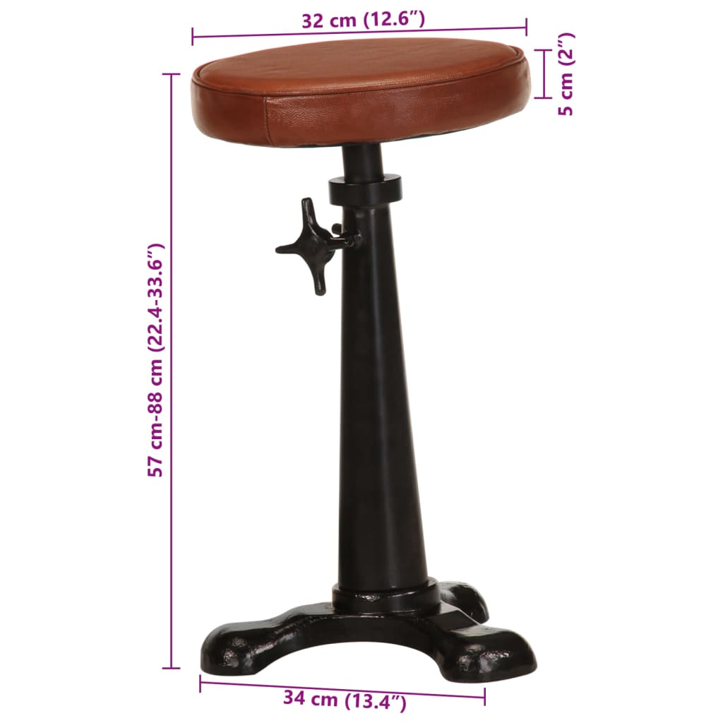 Bar Stool Brown Genuine Goat Leather, Cast Iron Adjustable