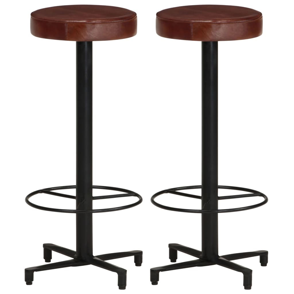 Bar Stool Set Of 2 Brown, Black Real Leather, Powder-Coated Iron