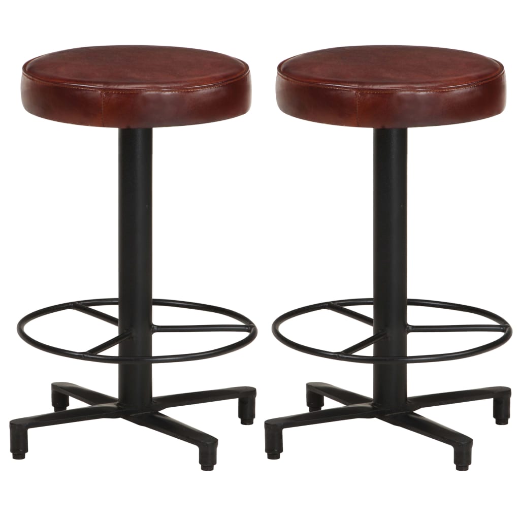 Bar Stool Set Of 2 Brown, Black Real Leather, Powder-Coated Iron