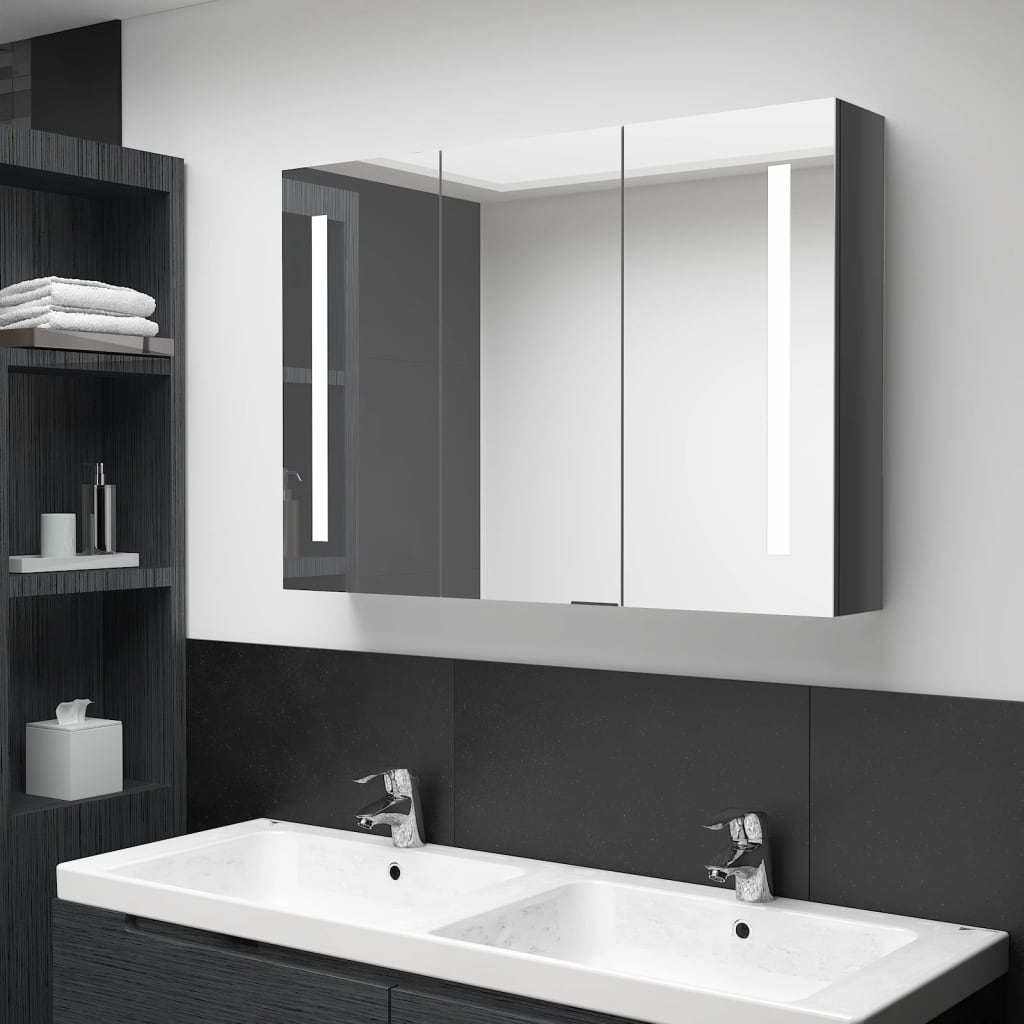 Bathroom Cabinet Shining Grey Mdf With Melamine Finish, Glass Mirror