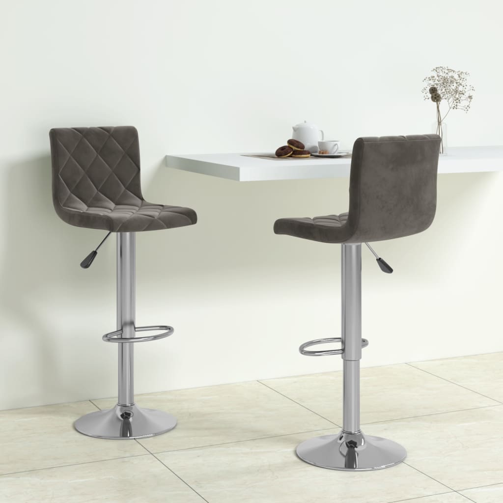 Bar Stool Set Of 2 Dark Grey Velvet (100% Polyester), Chrome Steel