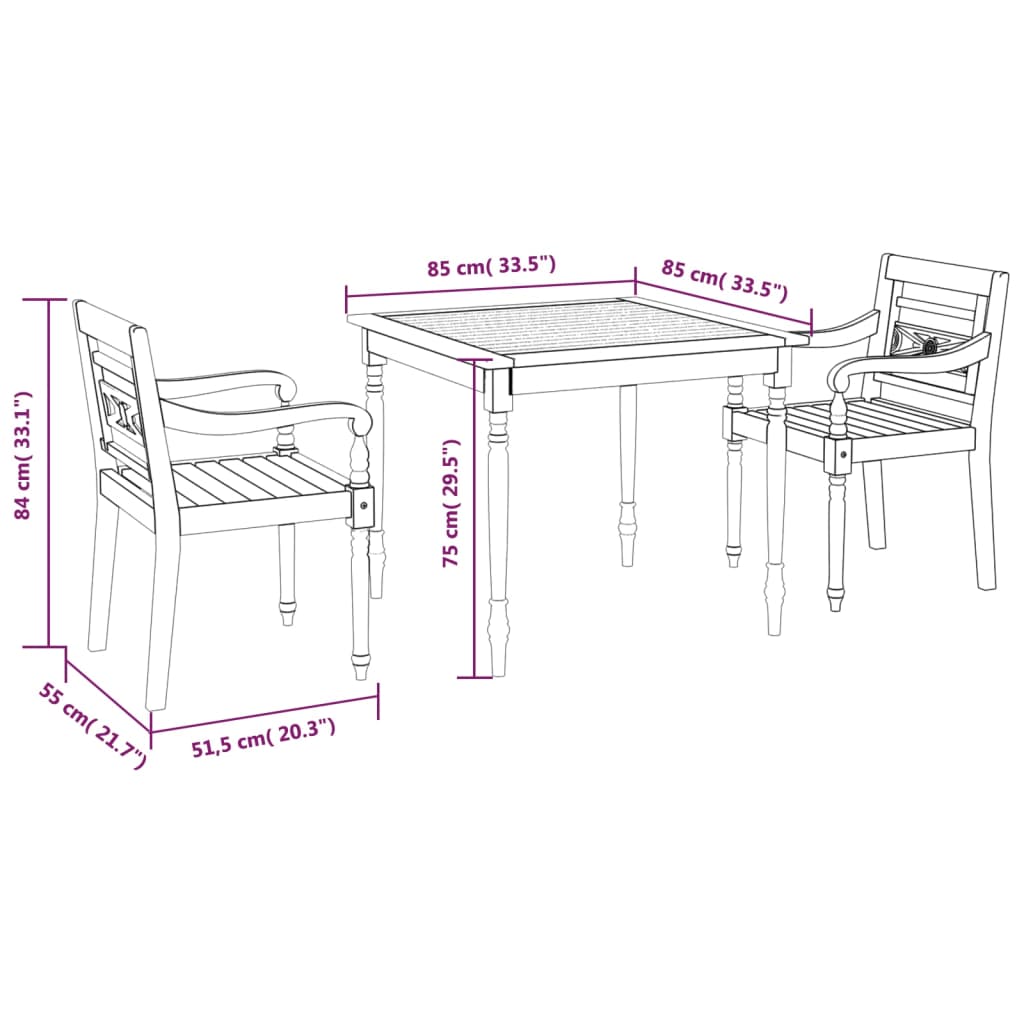3 Piece Patio Dining Set Solid Teak Wood