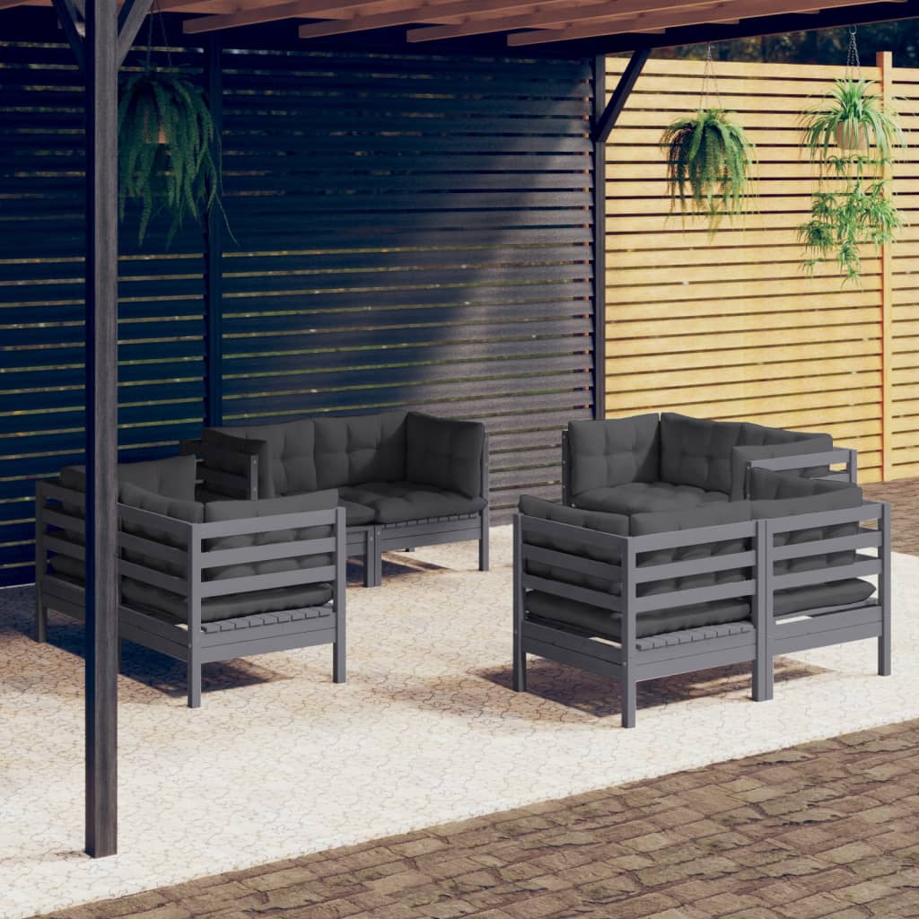 Garden Lounge Set Grey Solid Pine Wood, Fabric (100% Polyester)