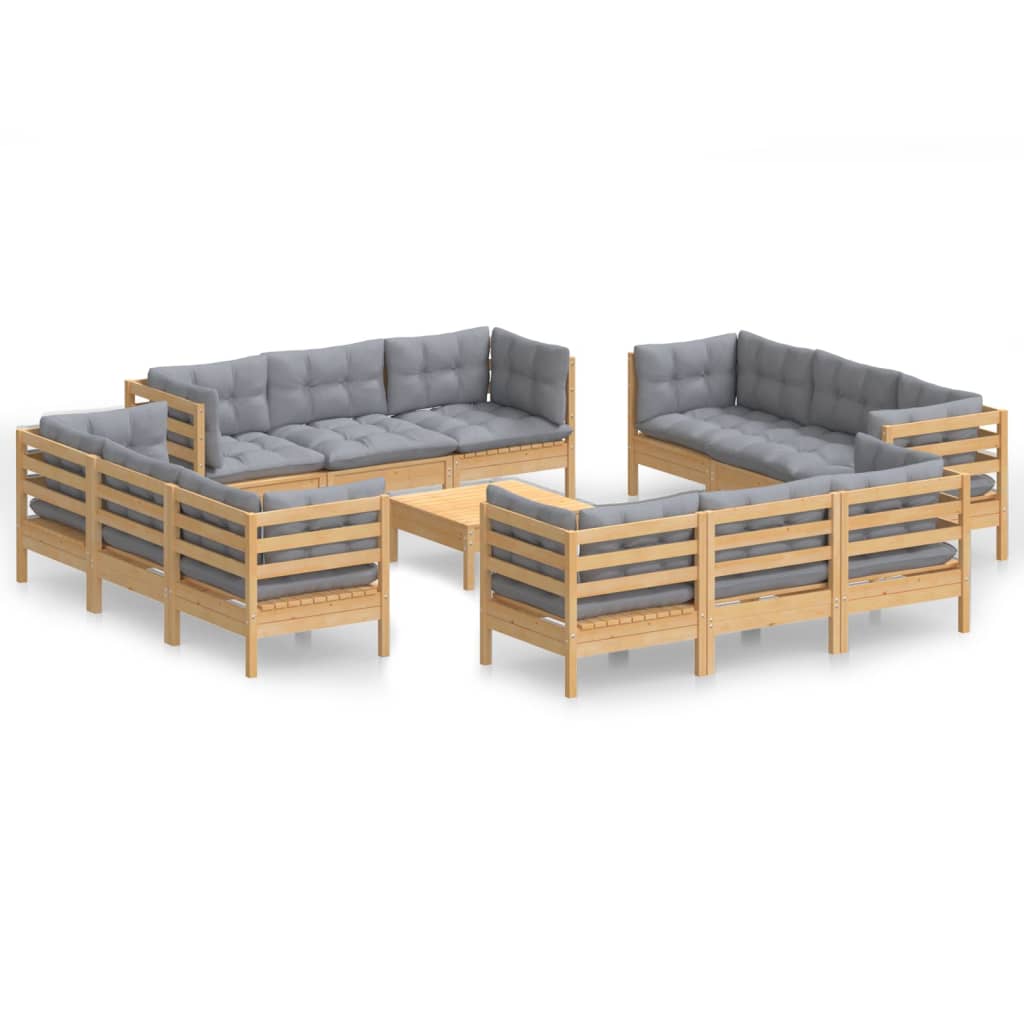 Garden Lounge Set Grey Solid Pine Wood, Fabric (100% Polyester)