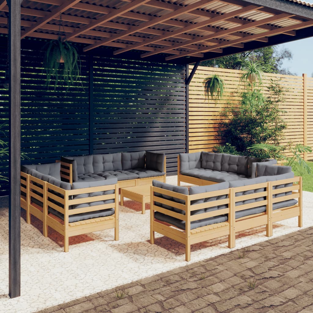 Garden Lounge Set Grey Solid Pine Wood, Fabric (100% Polyester)