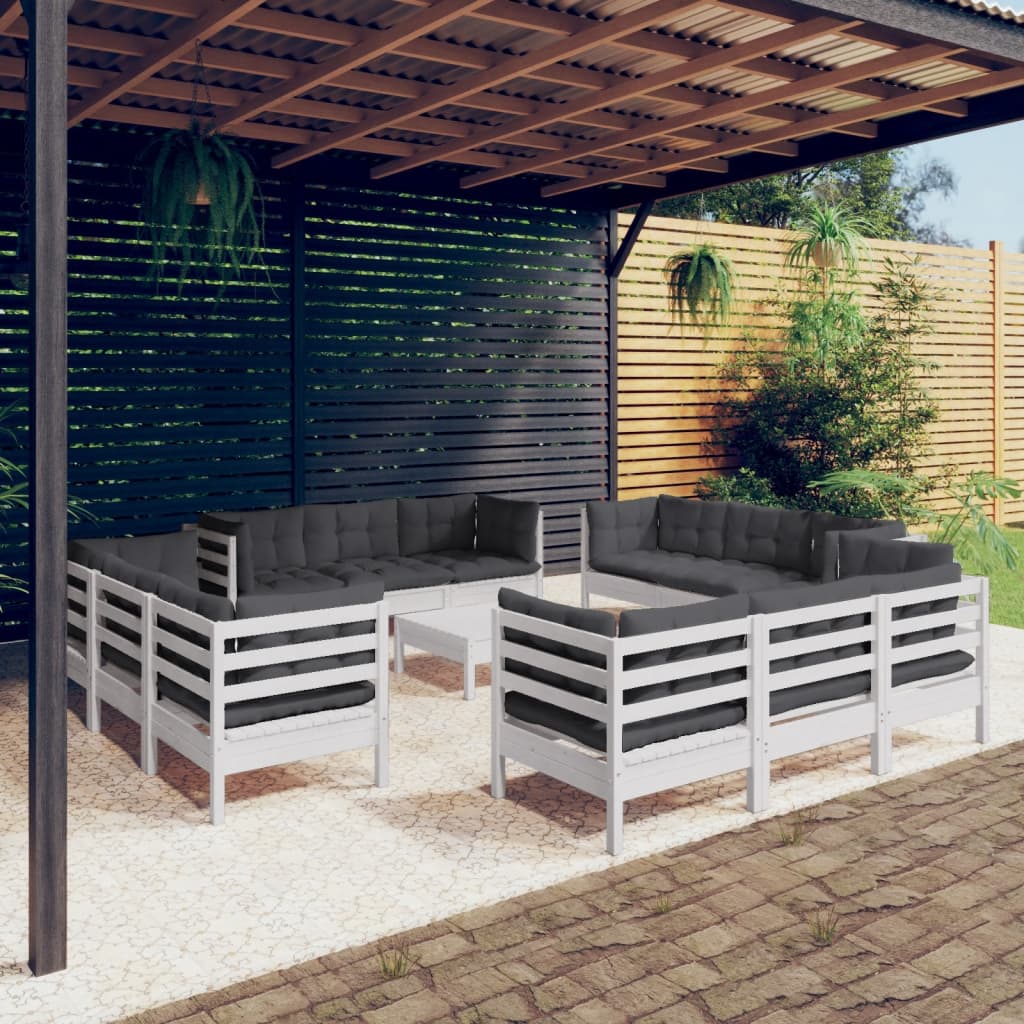 Garden Lounge Set Grey Solid Pine Wood, Fabric (100% Polyester)