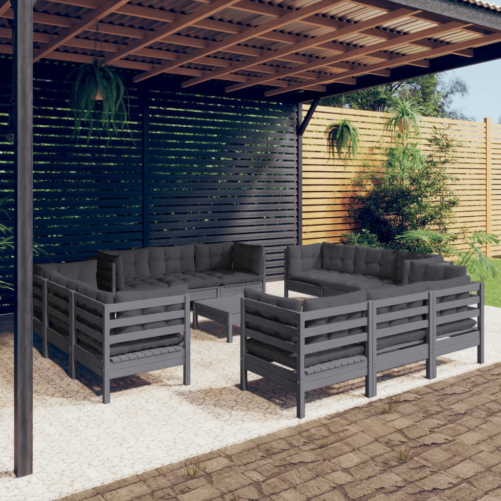 Garden Lounge Set Grey Solid Pine Wood, Fabric (100% Polyester)