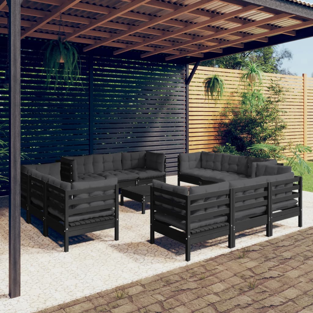 Garden Lounge Set Grey Solid Pine Wood, Fabric (100% Polyester)