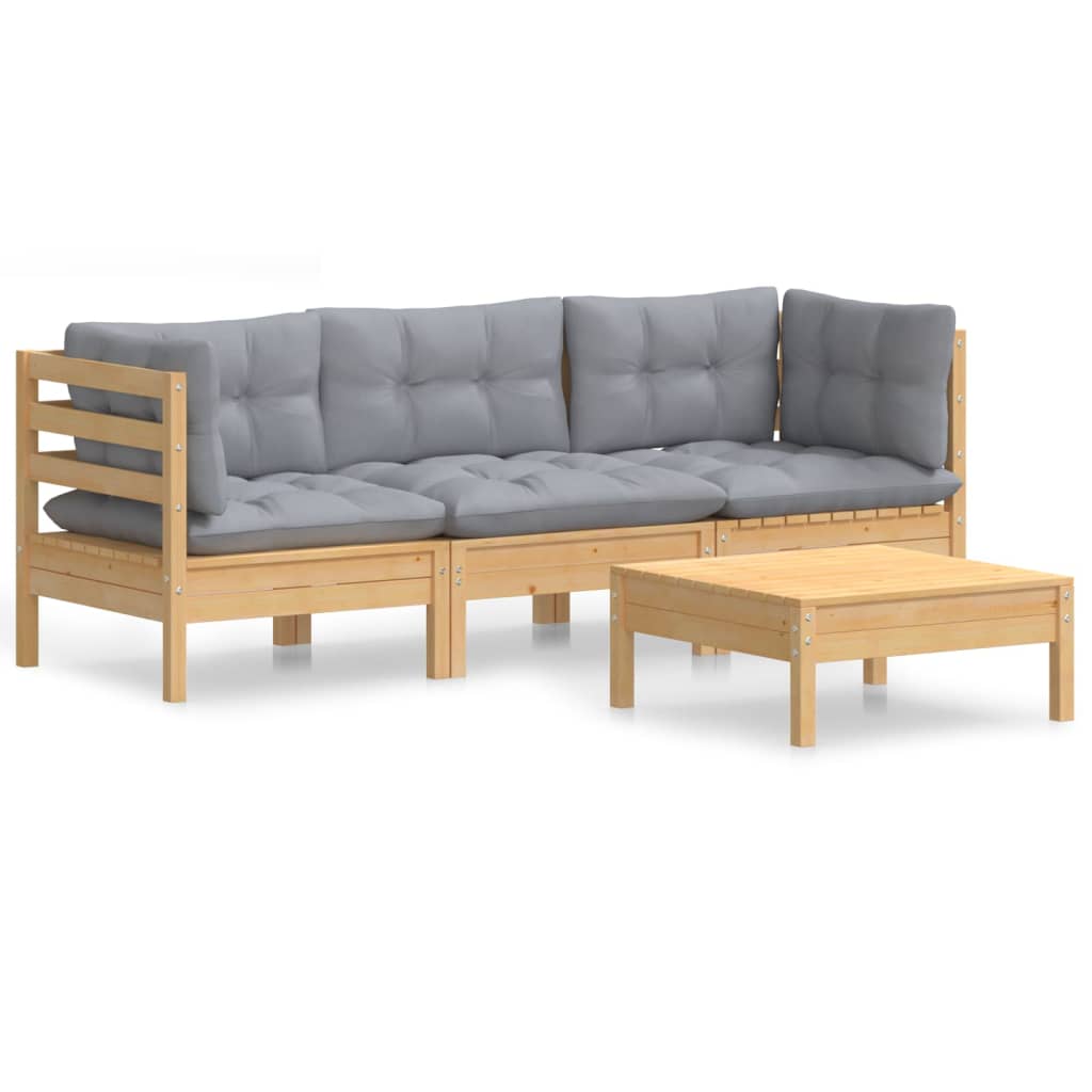 Garden Lounge Set Grey Solid Pinewood, Polyester Fabric Medium