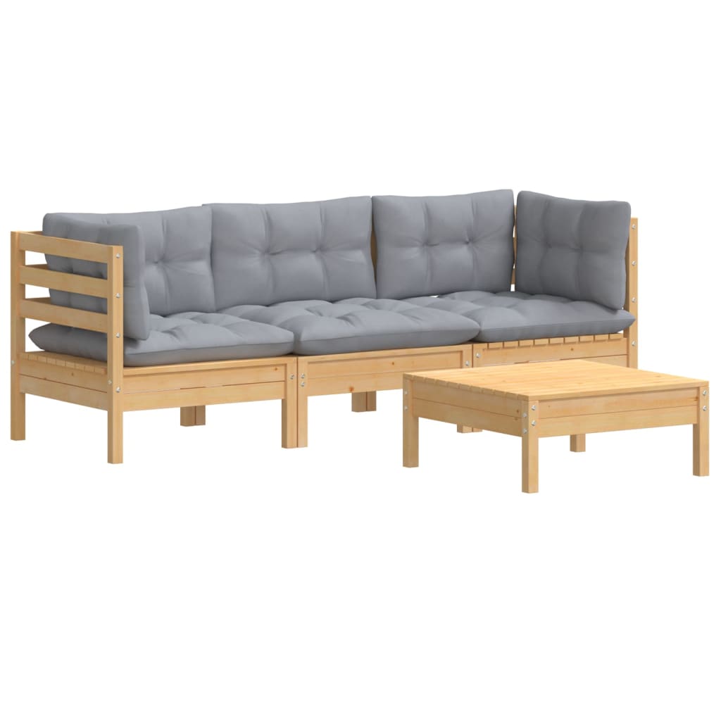 Garden Lounge Set Grey Solid Pinewood, Polyester Fabric Medium