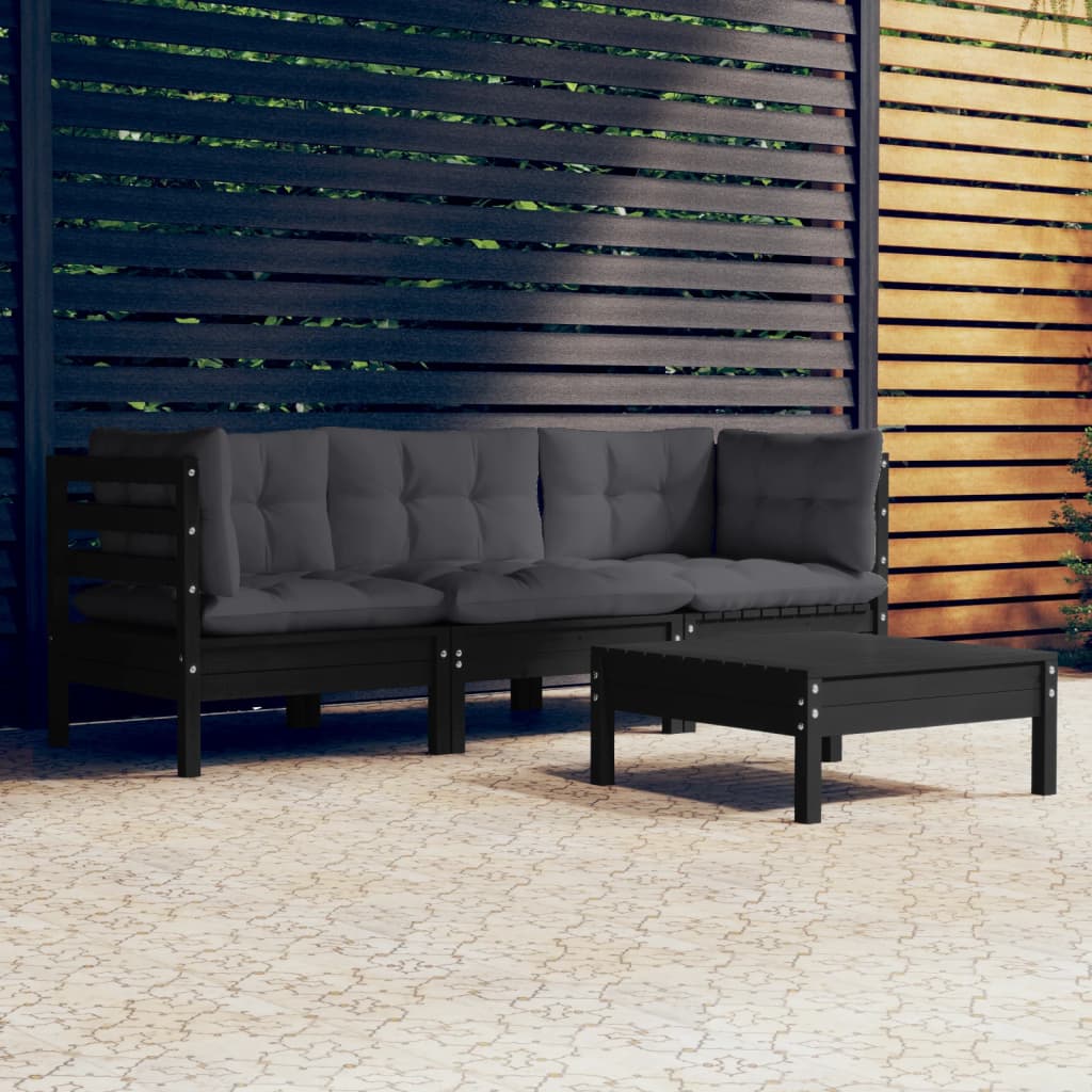 Garden Lounge Set Grey Solid Pinewood, Polyester Fabric Medium
