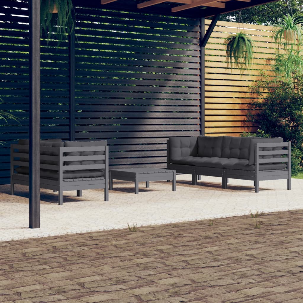 Garden Lounge Set Grey Solid Pine Wood, Fabric (100% Polyester)