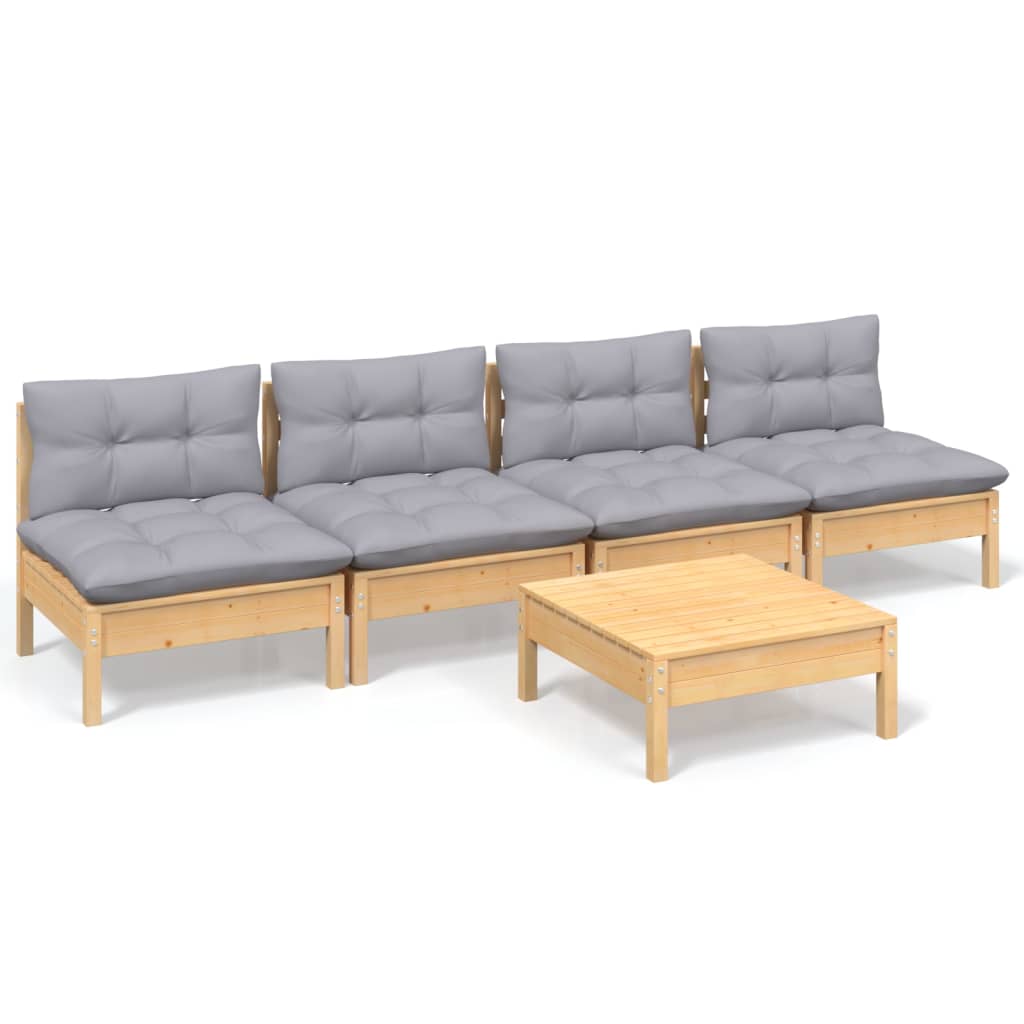 Garden Lounge Set Grey, Pinewood Solid Pinewood, Polyester Large