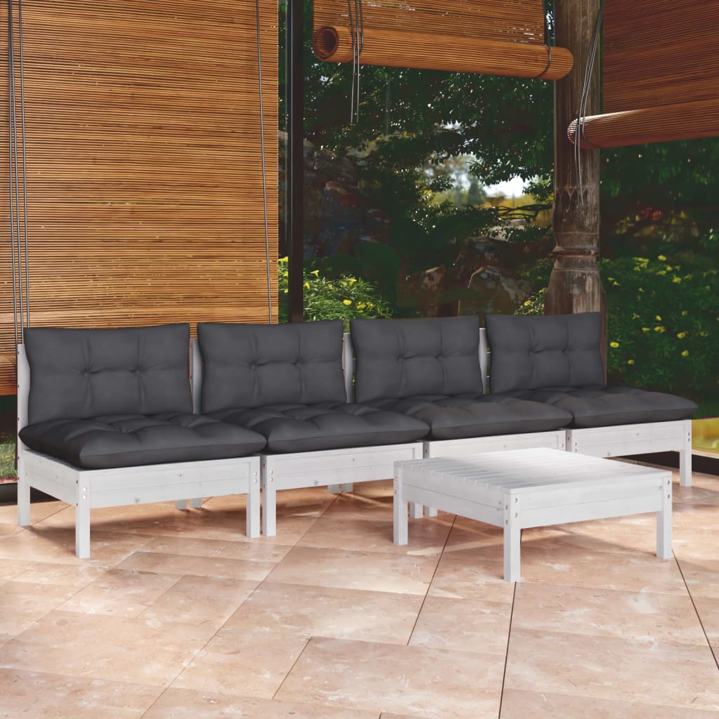 Garden Lounge Set Grey, Pinewood Solid Pinewood, Polyester Large