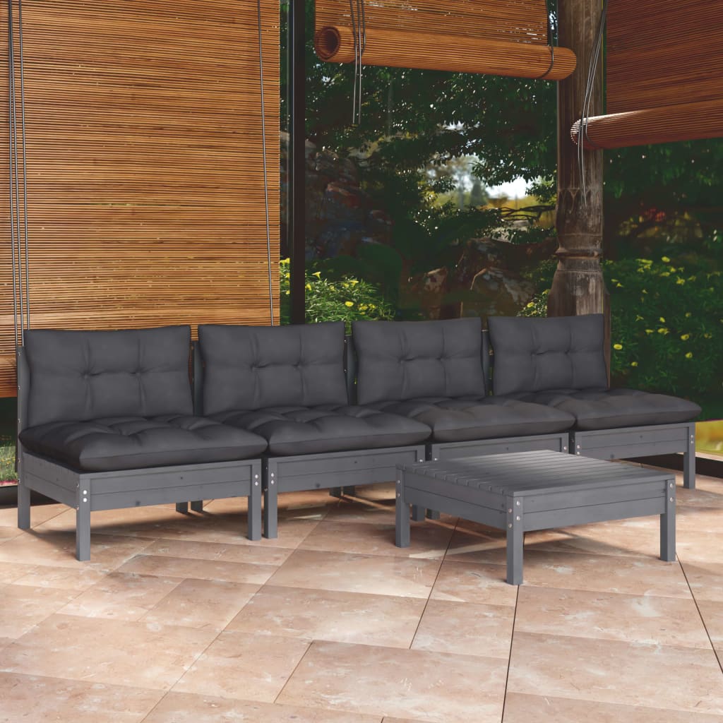 Garden Lounge Set Grey, Pinewood Solid Pinewood, Polyester Large