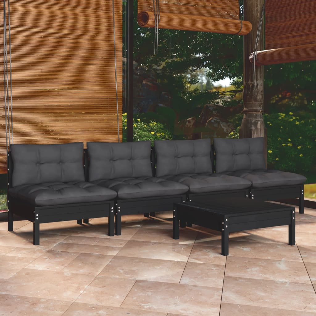 Garden Lounge Set Grey, Pinewood Solid Pinewood, Polyester Large
