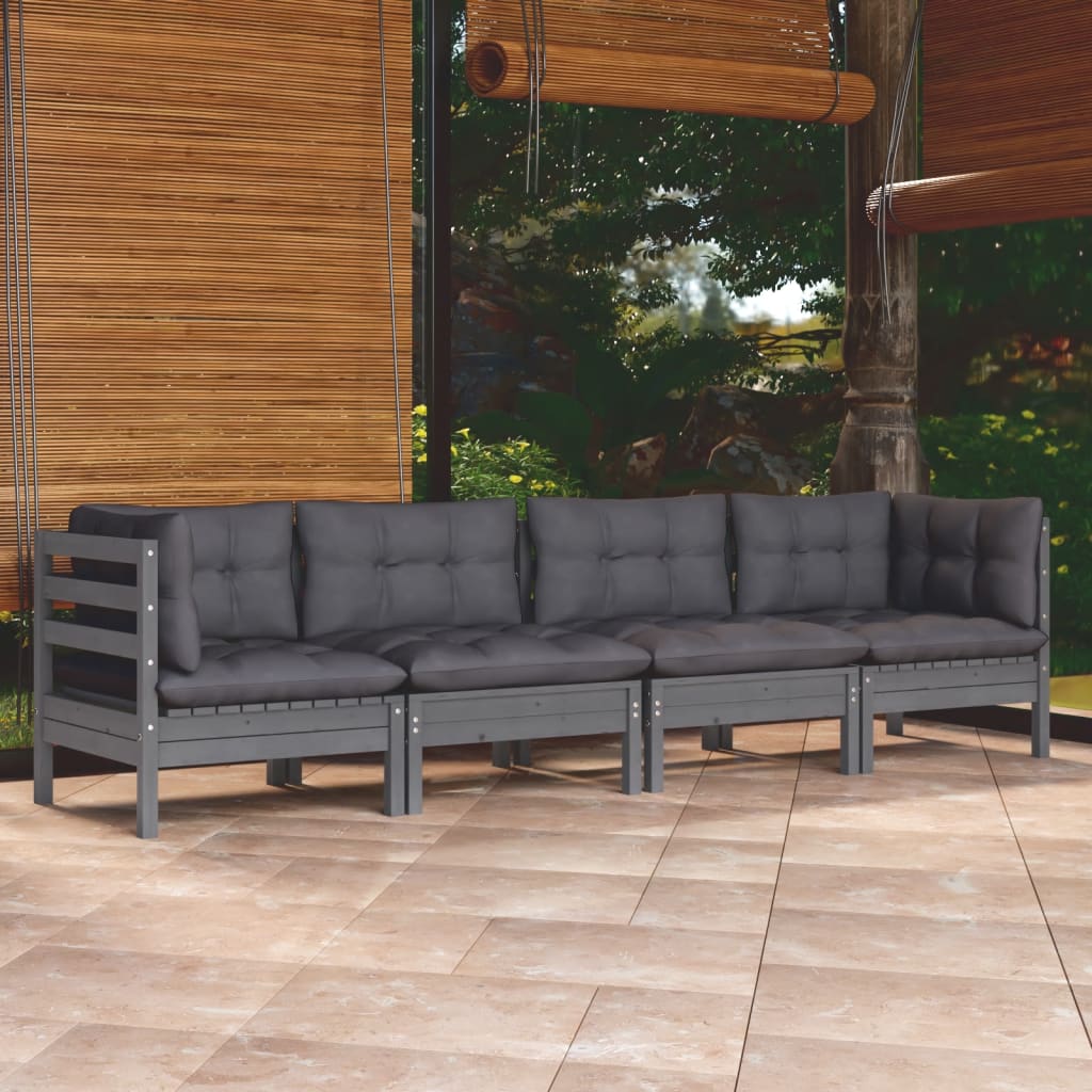 Garden Lounge Set Grey, Pine Solid Pinewood, 100% Polyester Fabric