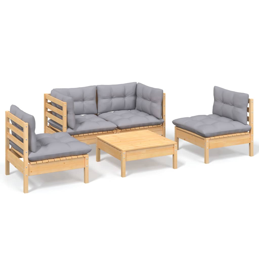 Garden Lounge Set Grey Solid Pinewood, Polyester 5 Piece Set