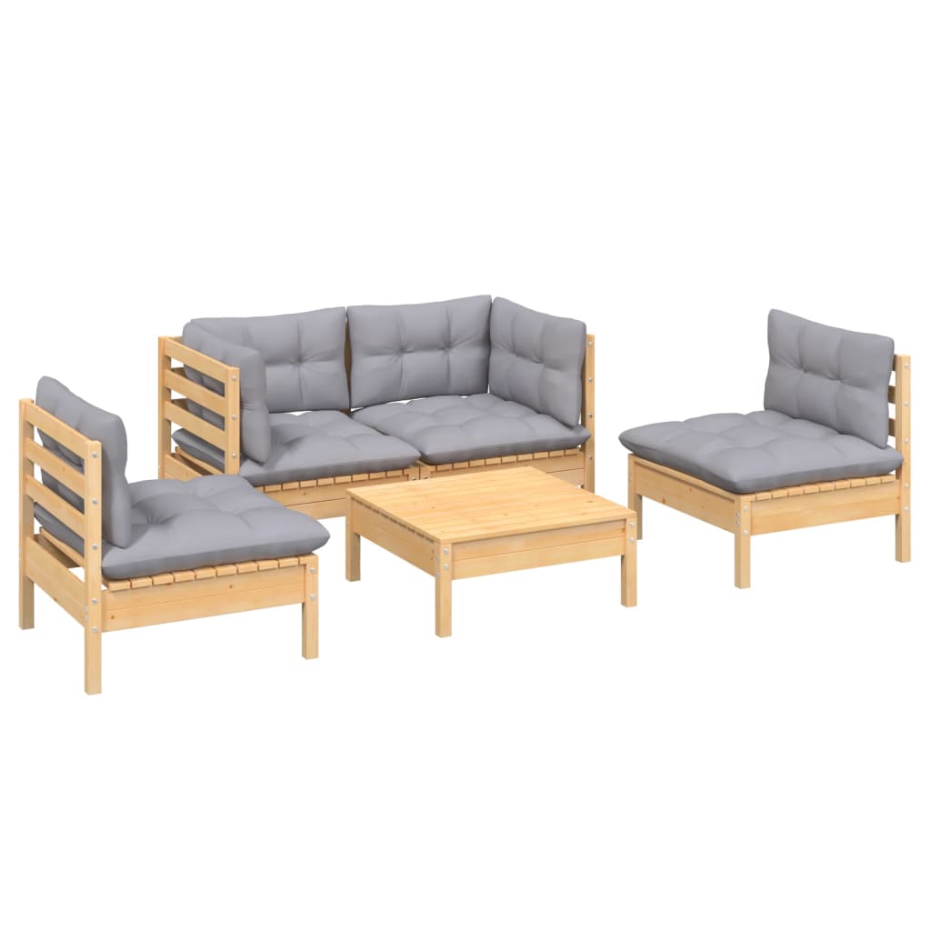 Garden Lounge Set Grey Solid Pinewood, Polyester 5 Piece Set