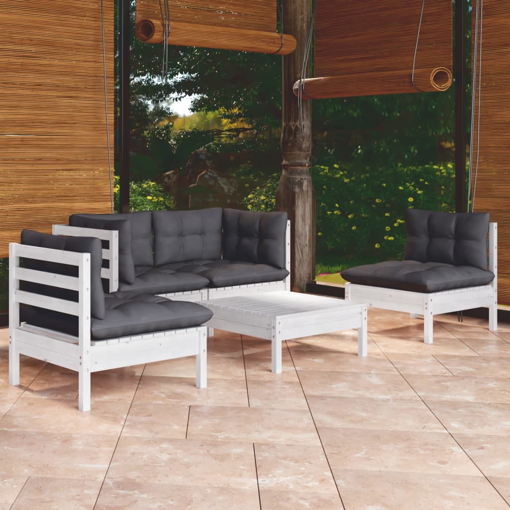Garden Lounge Set Grey Solid Pinewood, Polyester 5 Piece Set