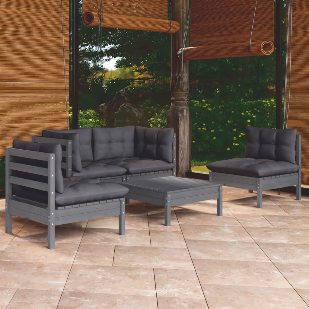 Garden Lounge Set Grey Solid Pinewood, Polyester 5 Piece Set