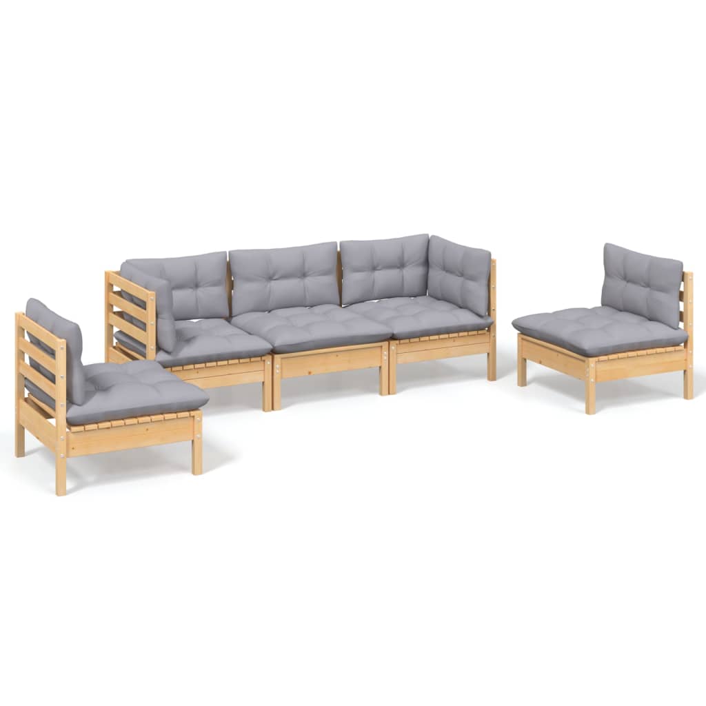 Garden Lounge Set Grey Solid Pine Wood, Fabric 100% Polyester