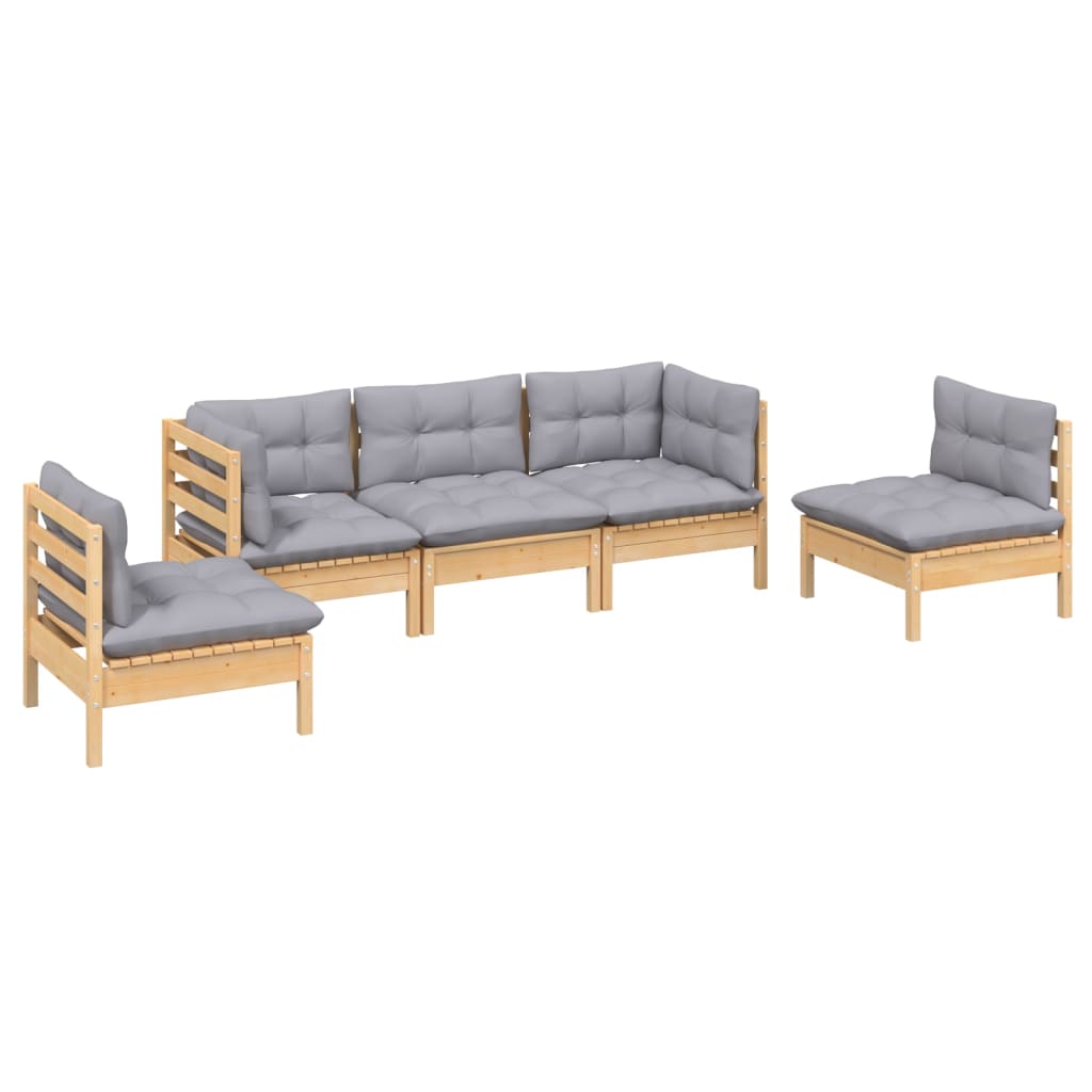 Garden Lounge Set Grey Solid Pine Wood, Fabric 100% Polyester