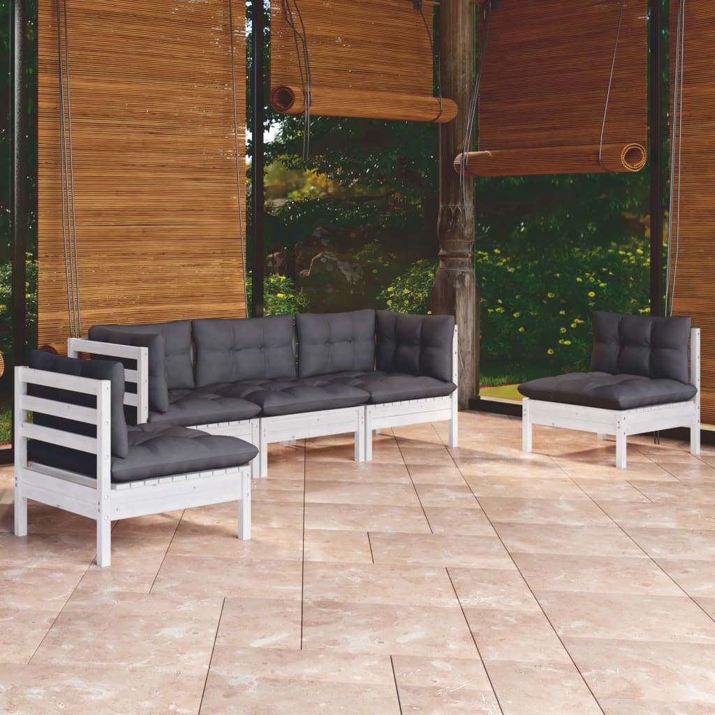 Garden Lounge Set Grey Solid Pine Wood, Fabric 100% Polyester
