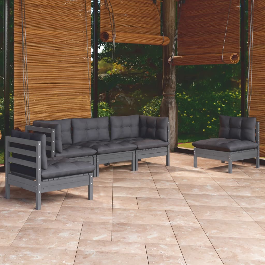 Garden Lounge Set Grey Solid Pine Wood, Fabric 100% Polyester