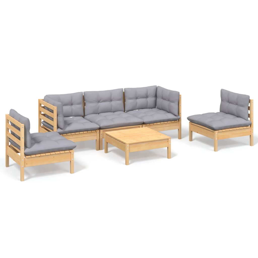 Garden Lounge Set Grey Solid Pinewood, 100% Polyester 6 Piece Set