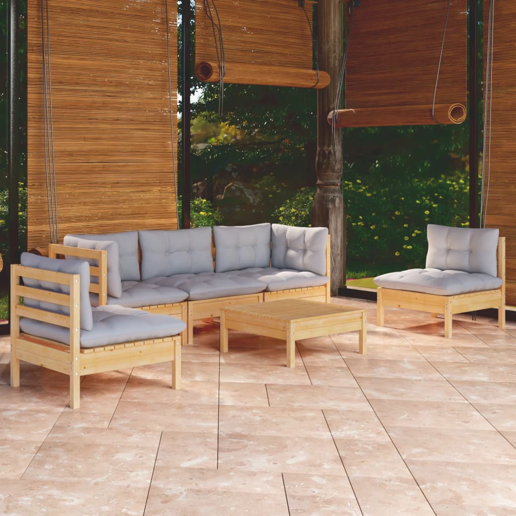 Garden Lounge Set Grey Solid Pinewood, 100% Polyester 6 Piece Set