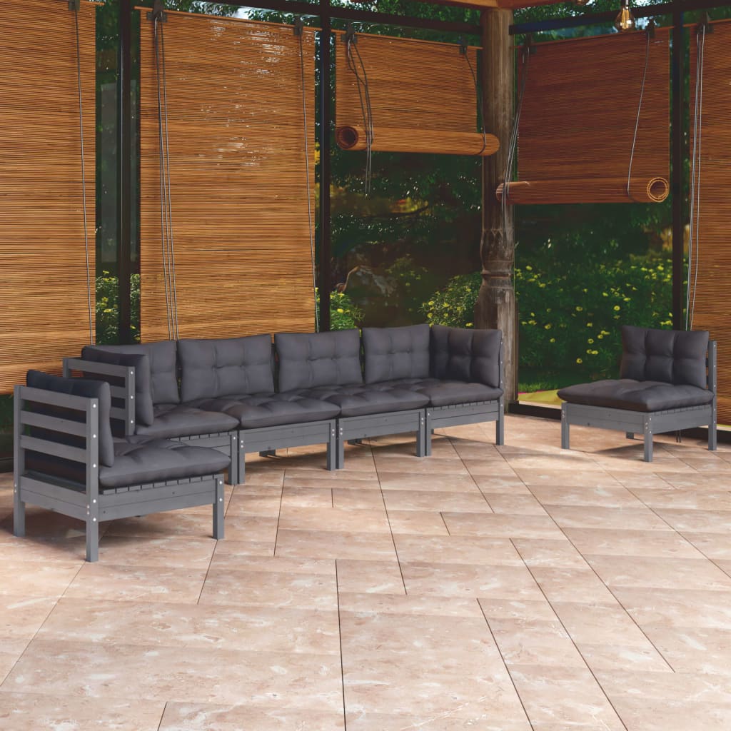 Garden Lounge Set Grey Solid Pine Wood, 100% Polyester Fabric Large