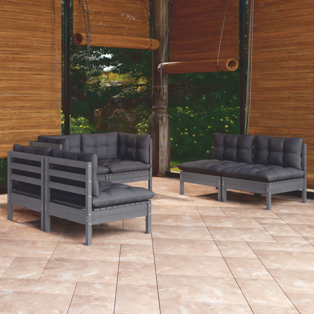 Garden Lounge Set Grey Solid Pine Wood, Fabric (100% Polyester)