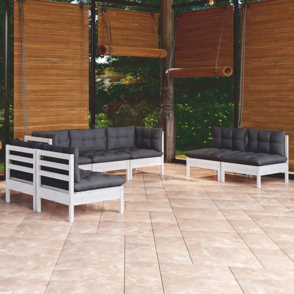 Garden Lounge Set Grey Solid Pine Wood, 100% Polyester Fabric Large