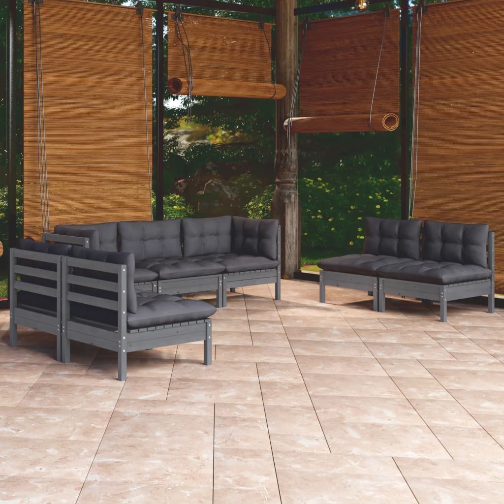Garden Lounge Set Grey Solid Pine Wood, 100% Polyester Fabric Large