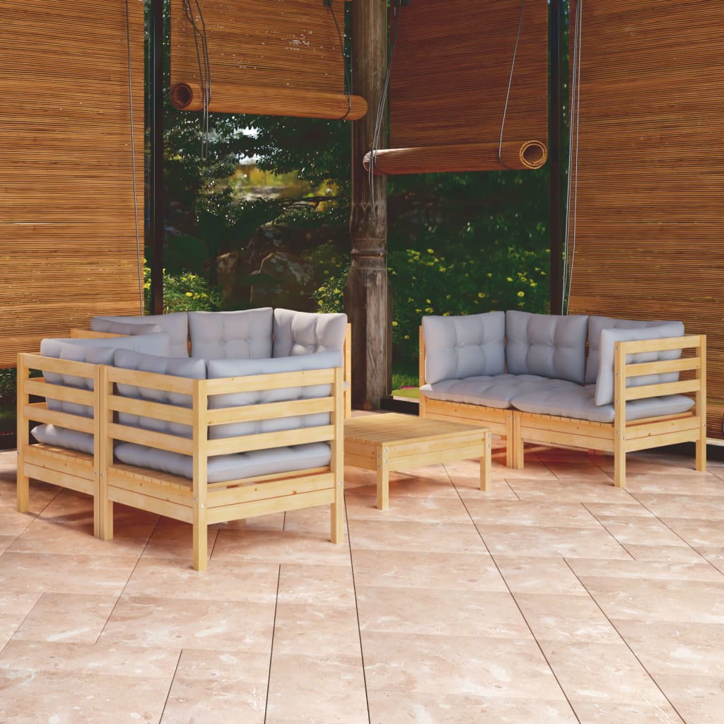 Garden Lounge Set Grey Solid Pine Wood, Fabric (100% Polyester)