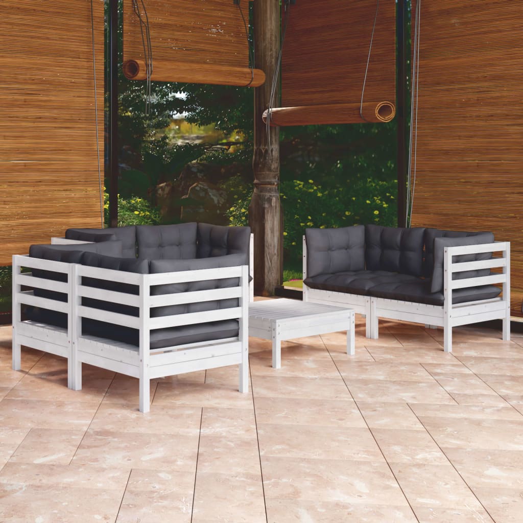 Garden Lounge Set Grey Solid Pine Wood, Fabric (100% Polyester)
