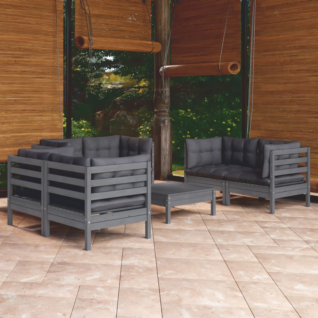 Garden Lounge Set Grey Solid Pine Wood, Fabric (100% Polyester)