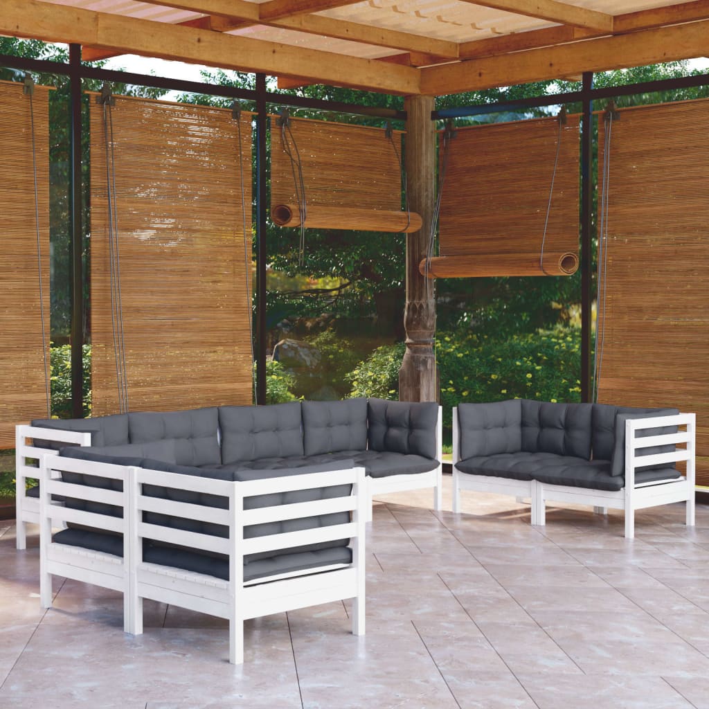Garden Lounge Set Grey Solid Pine Wood, Fabric (100% Polyester)
