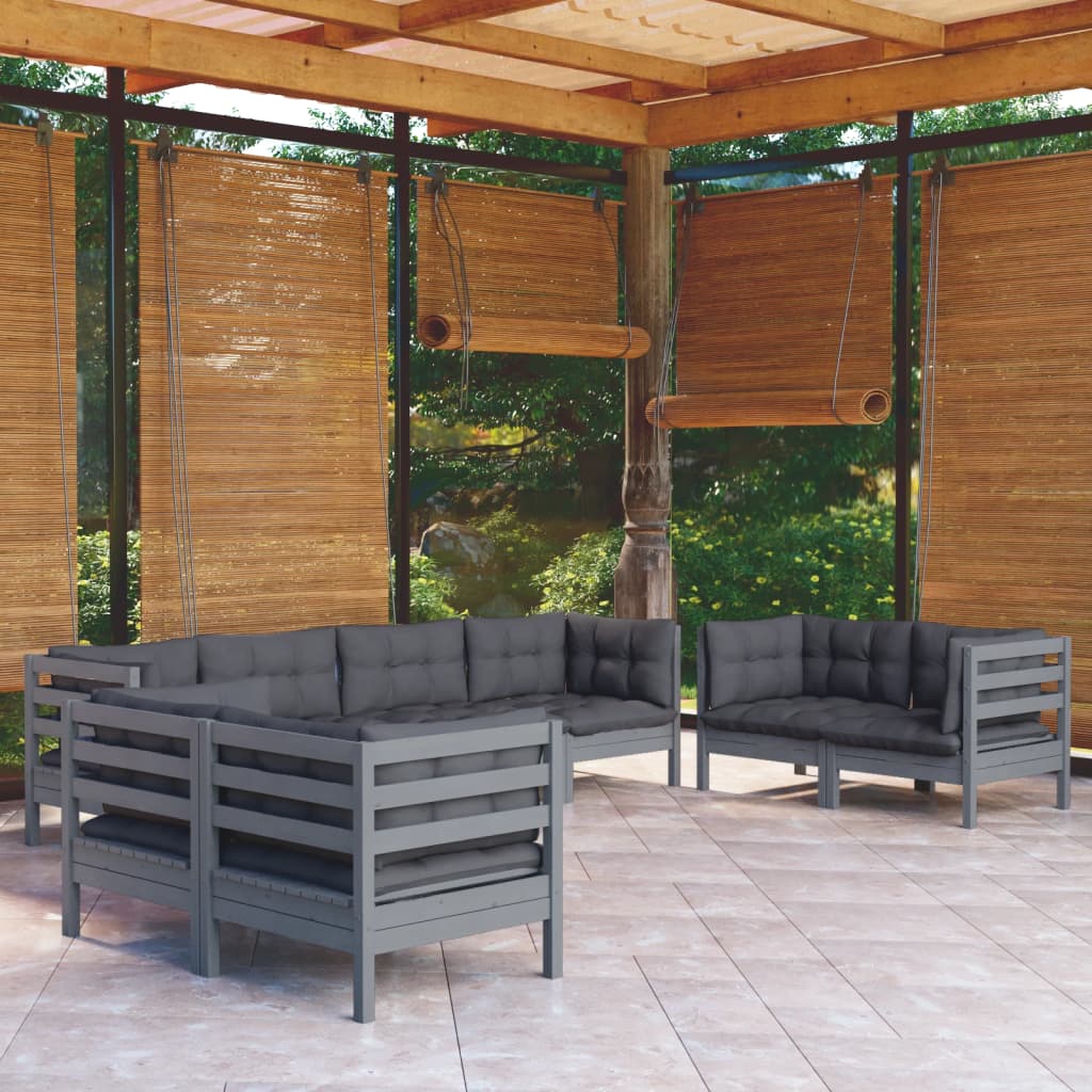 Garden Lounge Set Grey Solid Pine Wood, Fabric (100% Polyester)