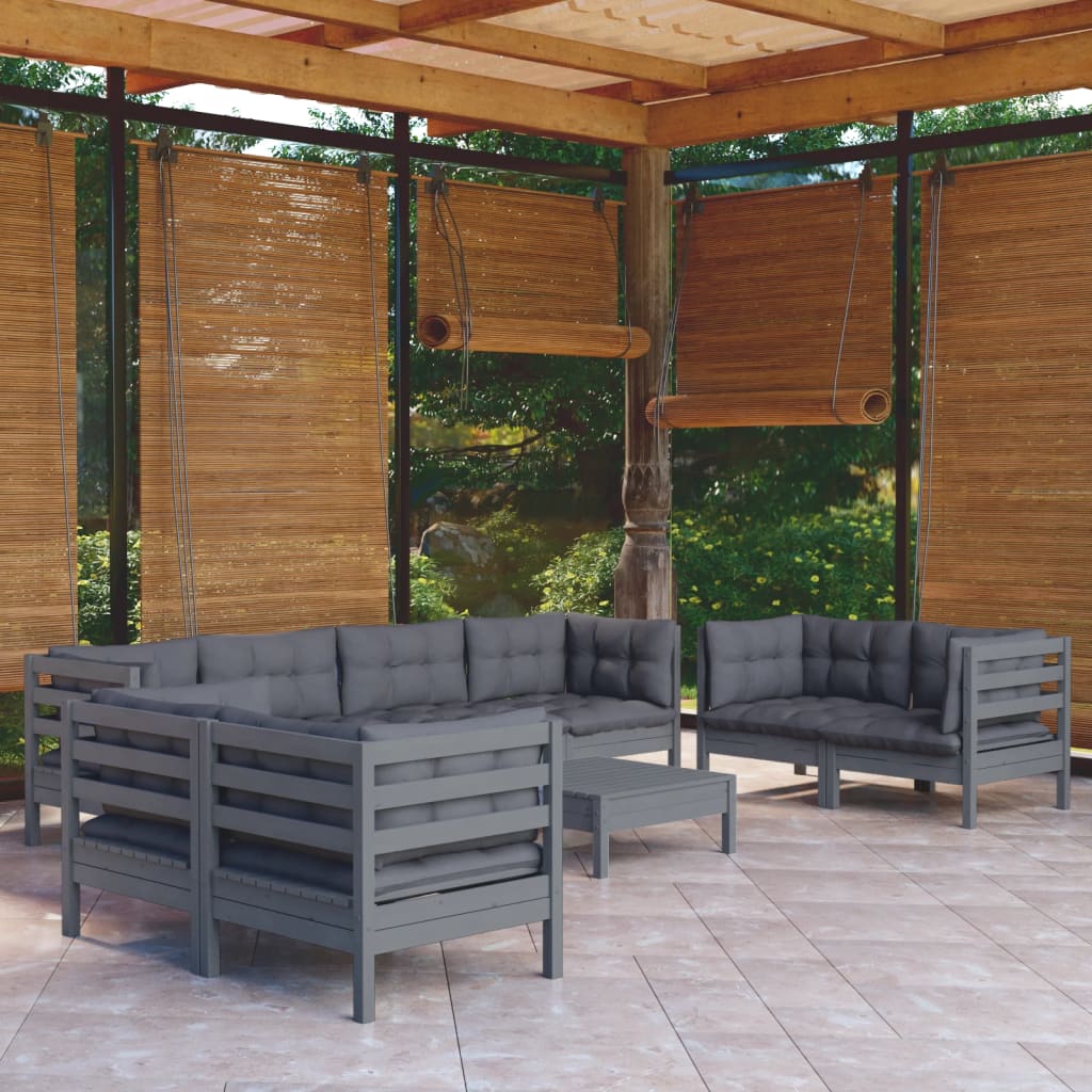 Garden Lounge Set Gray Cushions, Natural Wood Frame