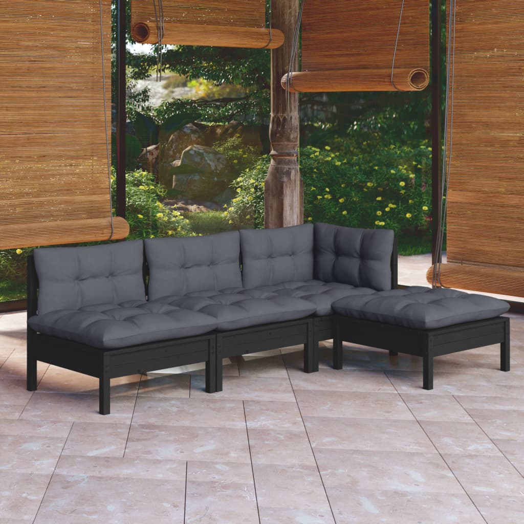 Garden Lounge Set Grey Cushions, Pinewood Frame