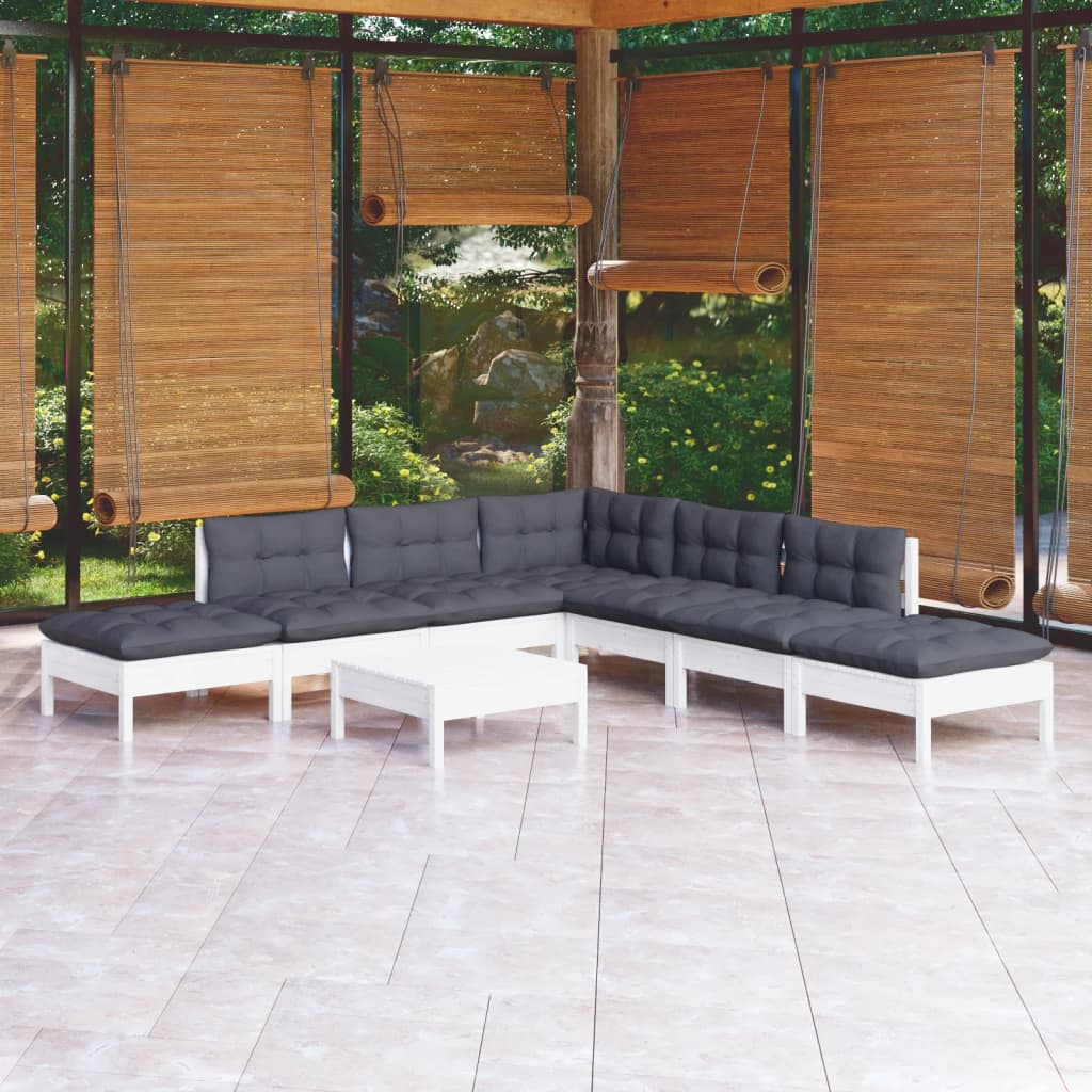Garden Lounge Set Grey Solid Pine Wood, Fabric (100% Polyester)