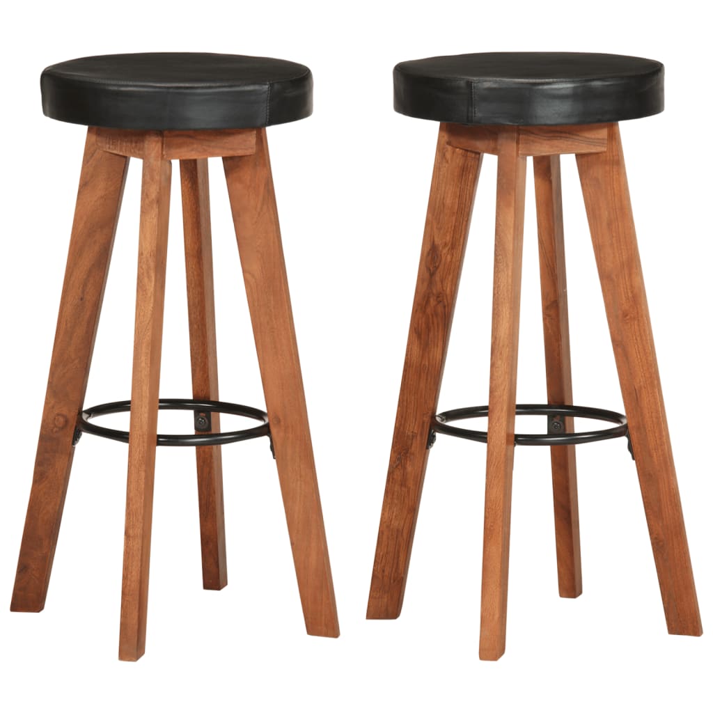 Bar Chair Set Of 2 Natural Wood, Brown Leather