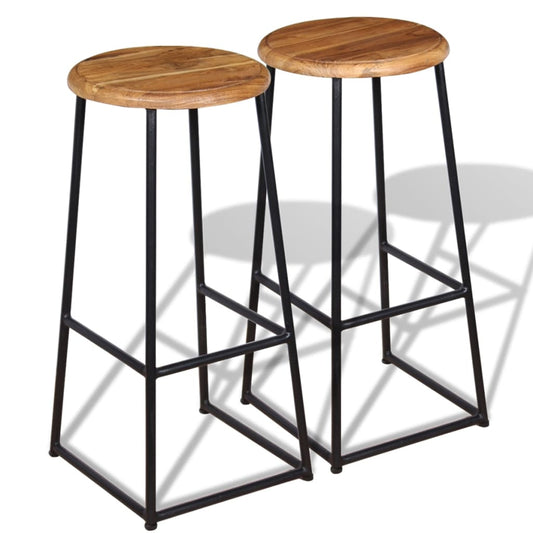 Bar Stool Set Of 2 Brown Solid Teak Wood, Iron Standard Durable