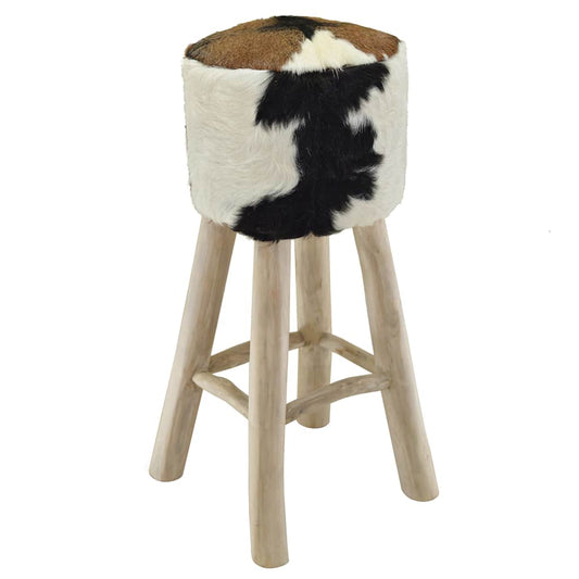 Bar Stool Natural Wood And Cow Pattern Teak Wood And Goat Leather