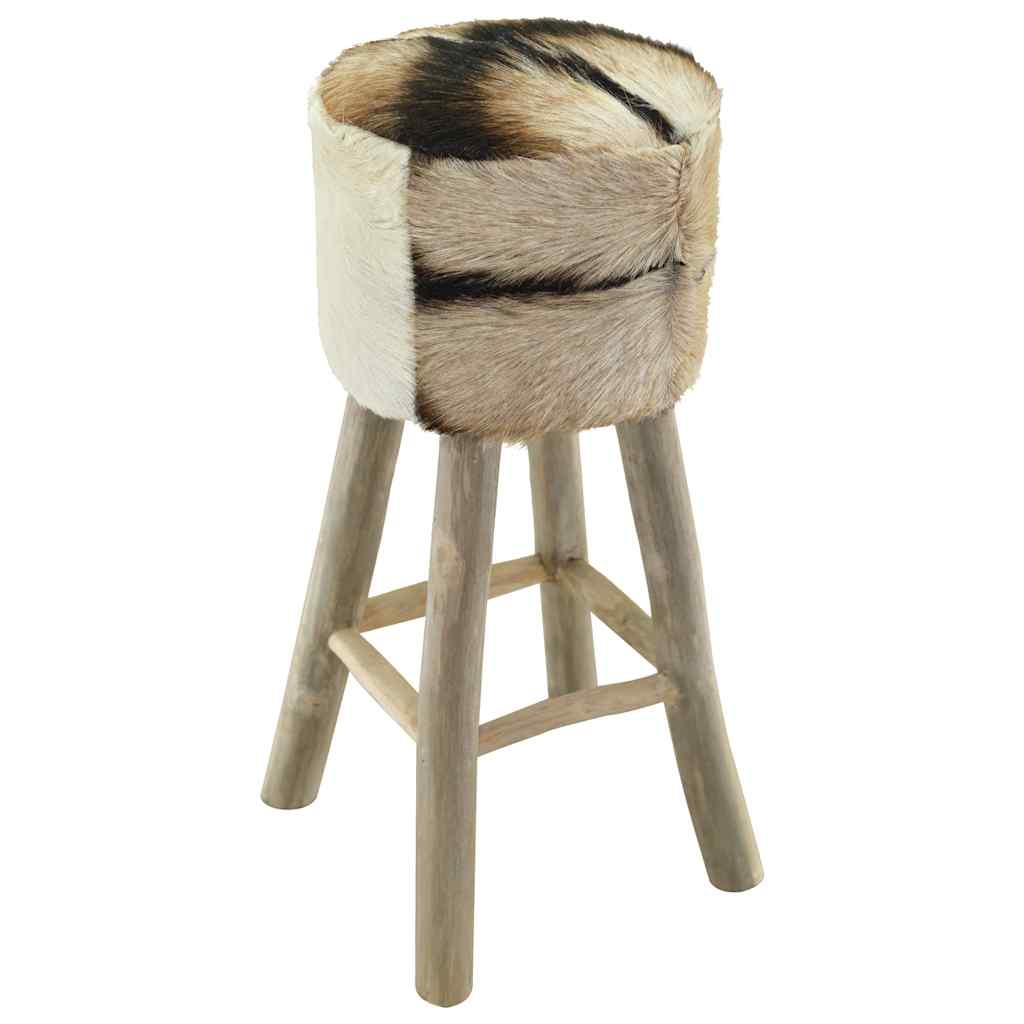 Bar Stool Natural Wood And Cow Pattern Teak Wood And Goat Leather