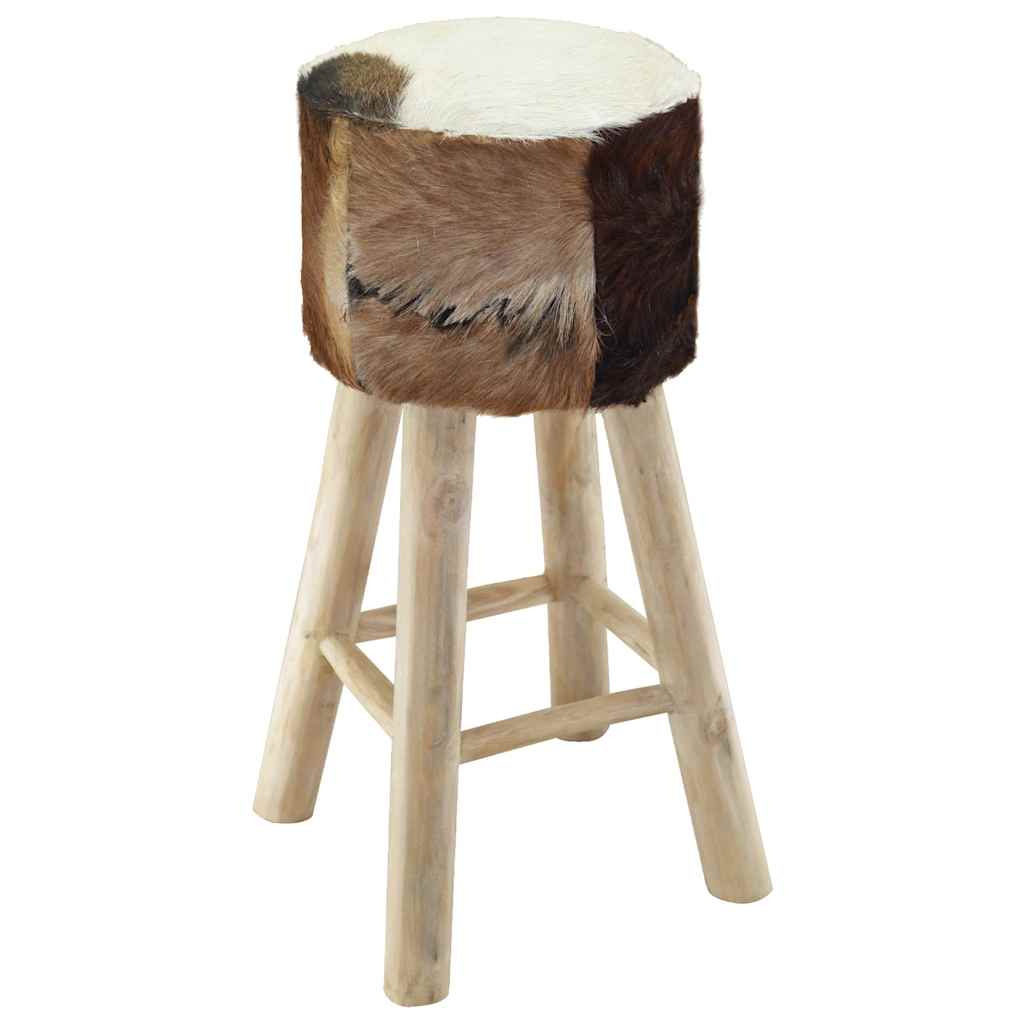 Bar Stool Natural Wood And Cow Pattern Teak Wood And Goat Leather